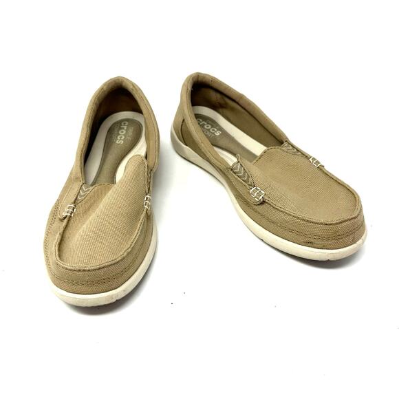 Crocs Size 6 Khaki Canvas Triple Comfort Flat Slip On Walking Workwear Boat Shoe - Picture 1 of 7